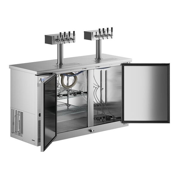 An Avantco stainless steel beer dispenser with two beer taps and an open door.