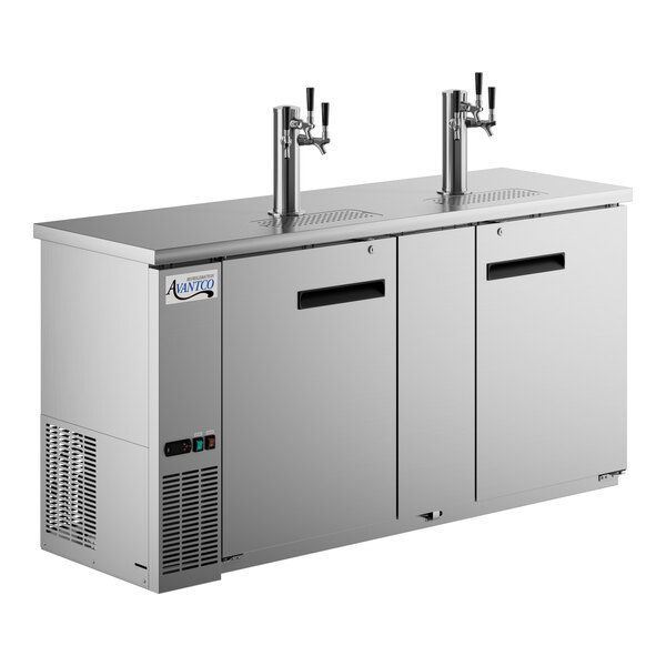 A stainless steel Avantco beer dispenser with two taps.