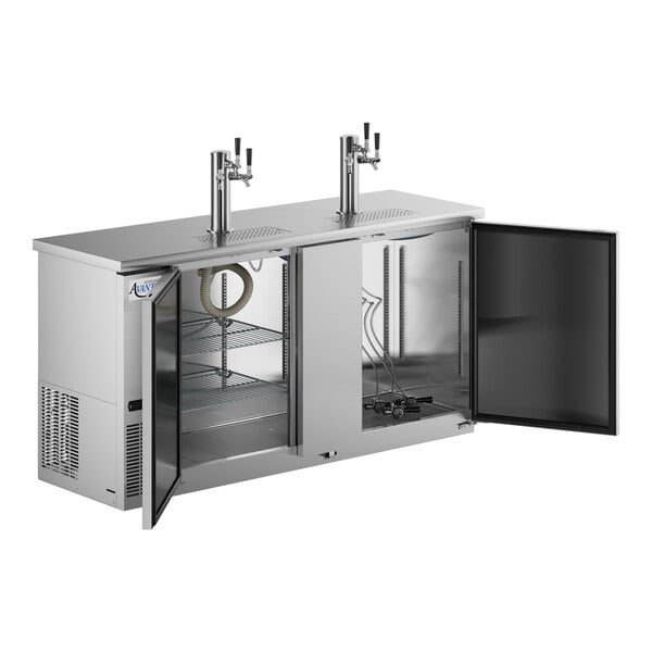 A stainless steel Avantco beer dispenser with two taps.