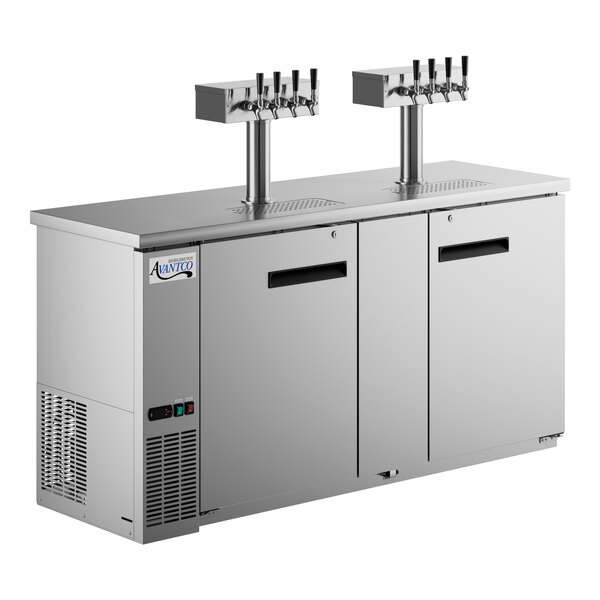 A stainless steel Avantco beer dispenser with three taps.