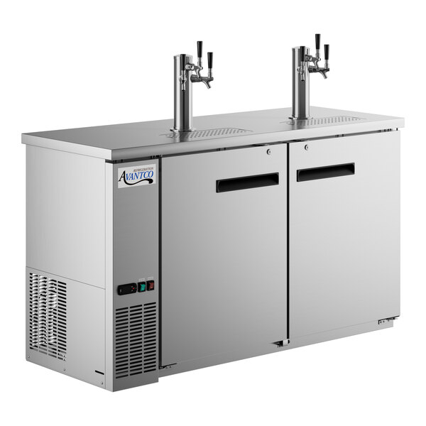 A stainless steel Avantco beer dispenser with two taps.