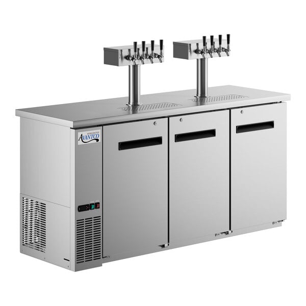 A stainless steel Avantco beer dispenser with four taps.