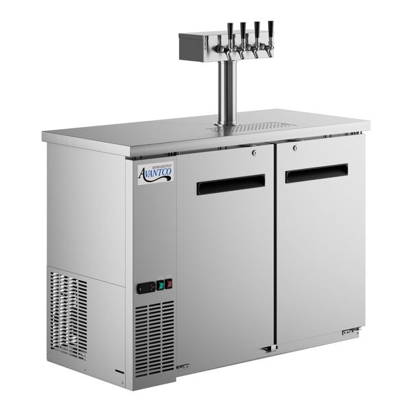 A stainless steel Avantco beer dispenser with two taps.