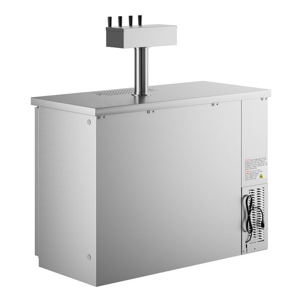 An Avantco stainless steel rectangular beer dispenser with a metal base.