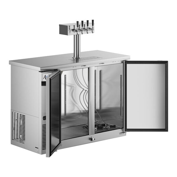 An Avantco stainless steel beer dispenser with two doors open.