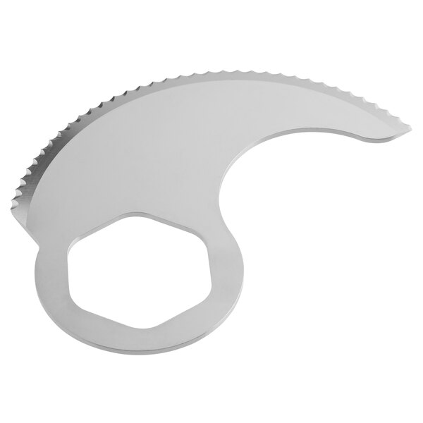 A silver serrated blade with a hexagon shape and a circular center.