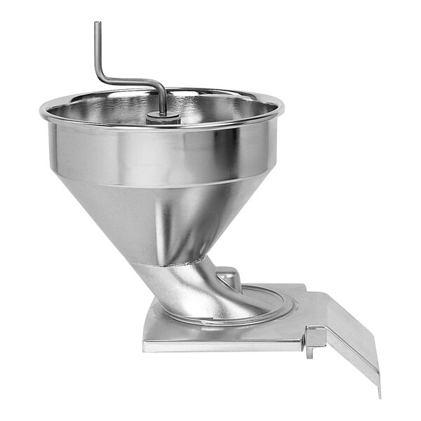 A silver stainless steel funnel with a handle.