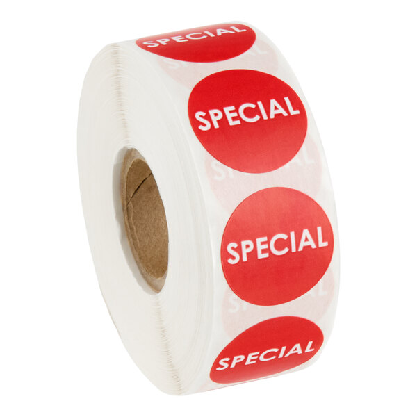 A roll of red round labels with the word 'SPECIAL' printed on them.