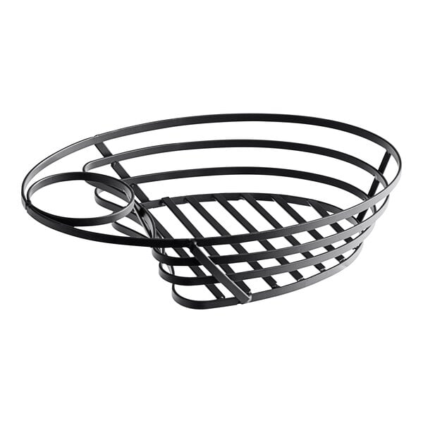 A gray metal oval wire basket with a handle and sauce cup holder.