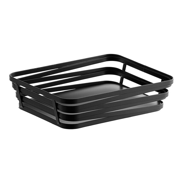 A rectangular metal gray wire basket on a counter in a deli.