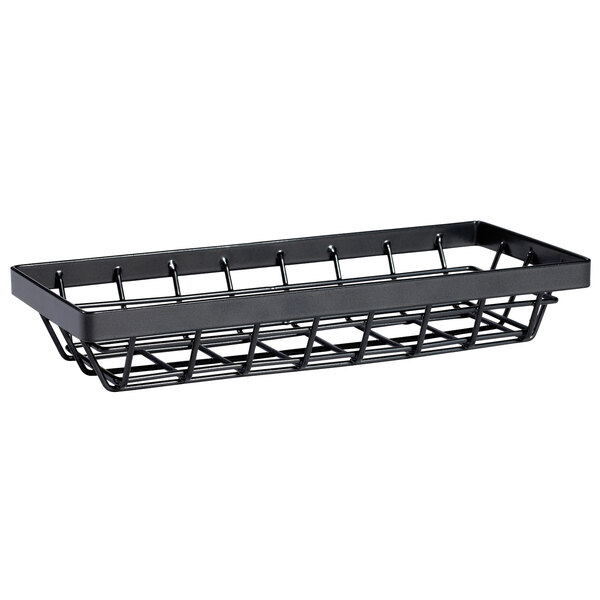 A metal gray rectangular wire basket with a handle.
