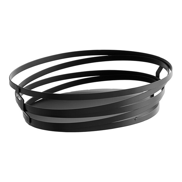 A metal gray oval wire basket with rings on the sides.