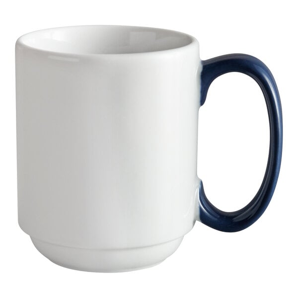 A white porcelain mug with a steel blue handle.