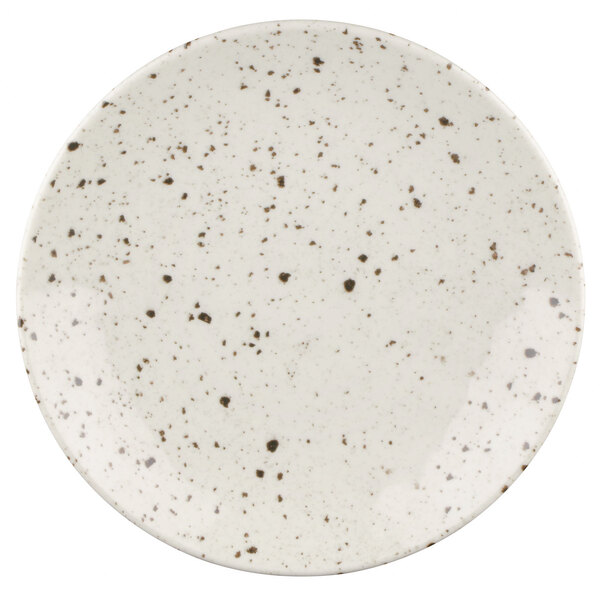 A white Elite Global Solutions round melamine plate with black speckled spots.