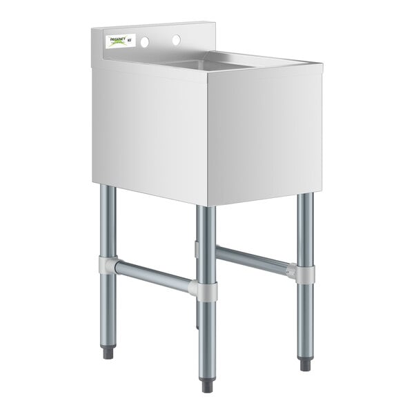 A white sink with metal legs.