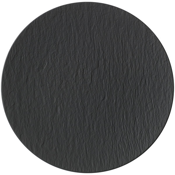 A close-up of a Villeroy & Boch black shale porcelain plate with a white background.