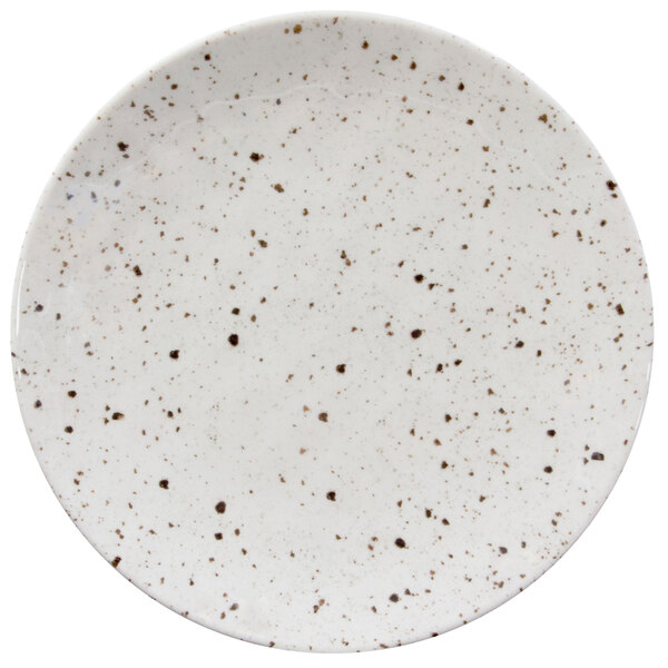 A white Elite Global Solutions round melamine plate with black speckled spots.