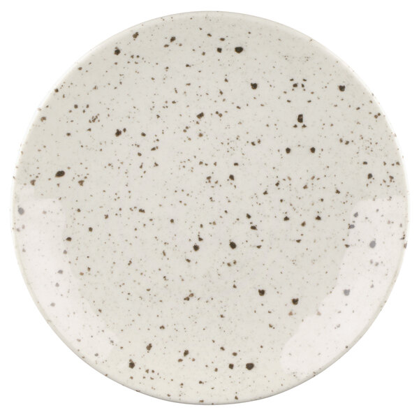 An Elite Global Solutions chocolate chip melamine plate with white and black speckled specks.