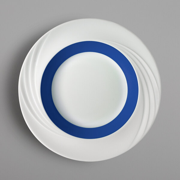 A white porcelain bowl with a dark blue rim.