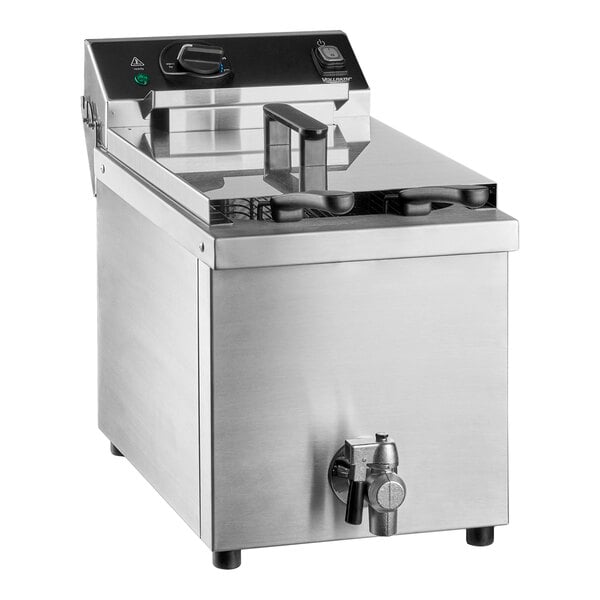A stainless steel commercial countertop deep fryer with a control panel and oil drain spout.
