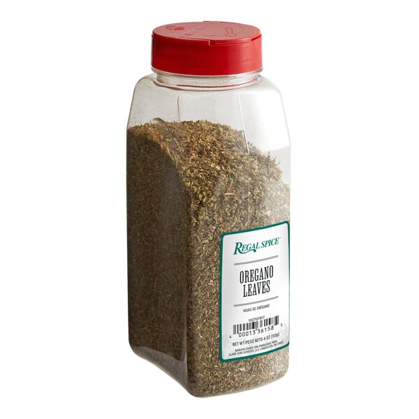 A white labeled container of Regal Fancy Oregano Leaves.