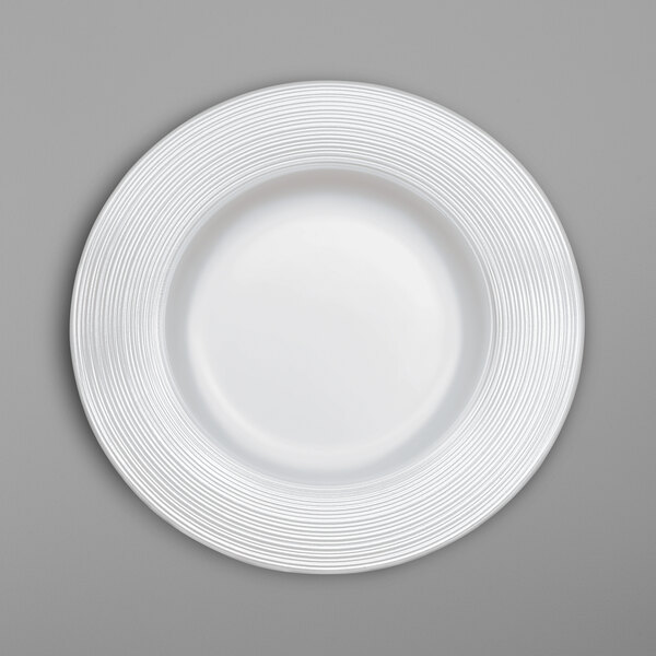 A close-up of a white Villeroy & Boch bone porcelain plate with a thin rim.