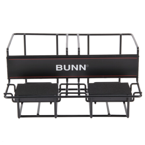 A black metal Bunn airpot rack with two airpot holders.