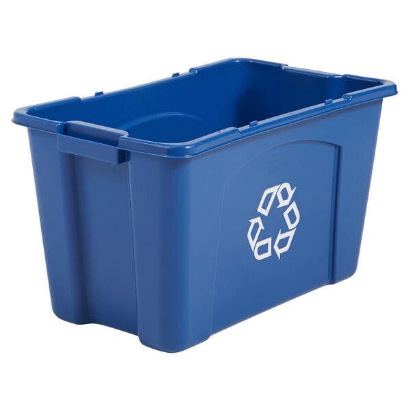 a blue plastic bin with a recycle symbol on it