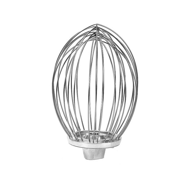 A silver Globe wire whisk with an egg-shaped design.