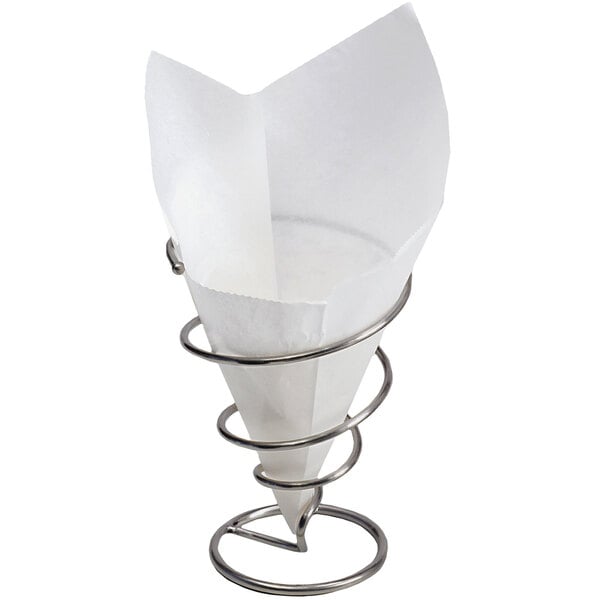 A white paper bag in a metal cone holder.