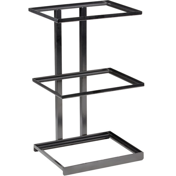 a black metal shelf with two shelves