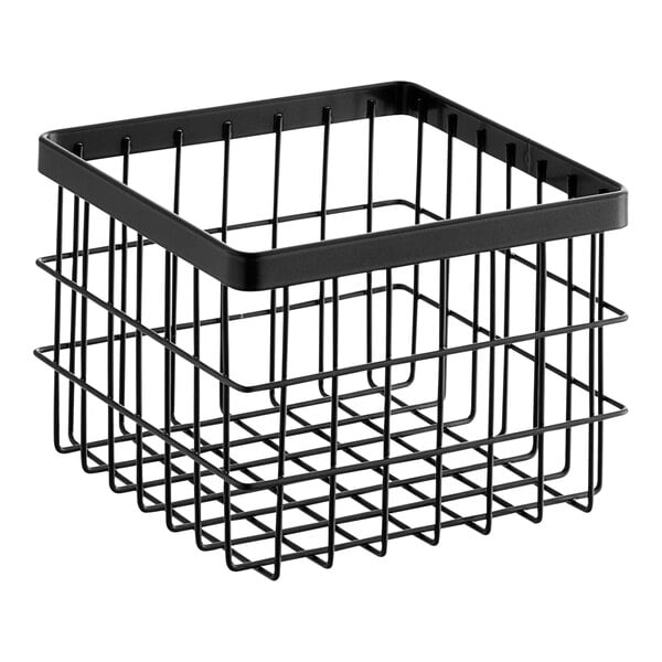 A metal gray wire basket with a square top and a wire handle.
