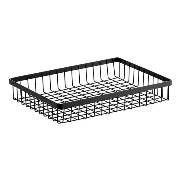 A metal gray rectangular wire basket with a handle.