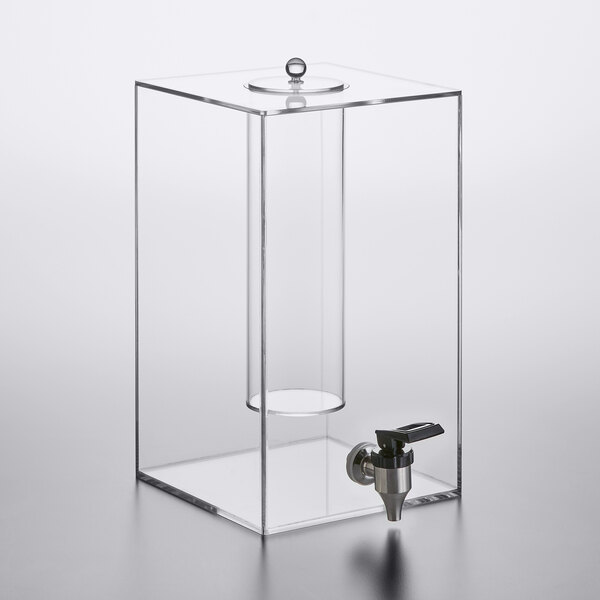 A clear plastic GET Enterprises beverage dispenser with a tap and metal handle.