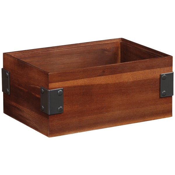 A walnut rectangular wood display box with metal corners.