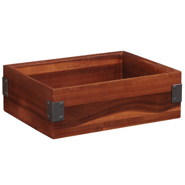 A walnut wood square display box with metal corners.