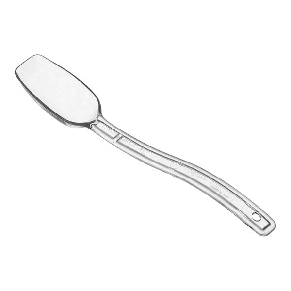 A clear plastic spoon with a clear handle.