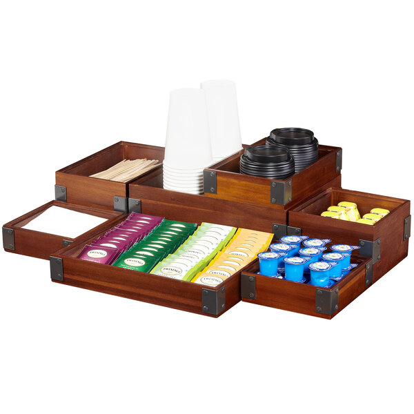 A walnut rectangular stackable wood display box with different colored containers inside.
