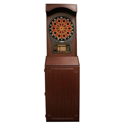 An Arachnid wooden cabinet with a CricketPro electronic dart board inside.