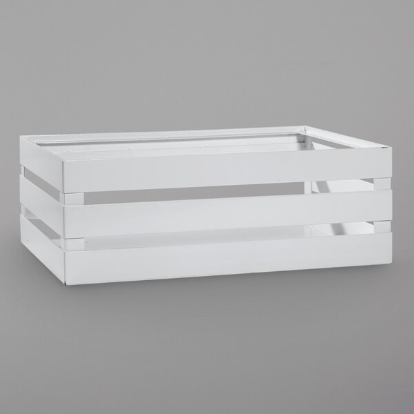 A white GET Enterprises metal crate frame for food display.