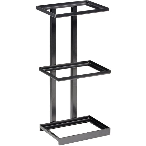 A metal gray rectangular 3-tier merchandiser stand.