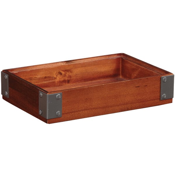 A walnut rectangular stackable wood display box with metal corners.