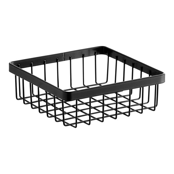 A metal gray square wire basket with a handle.