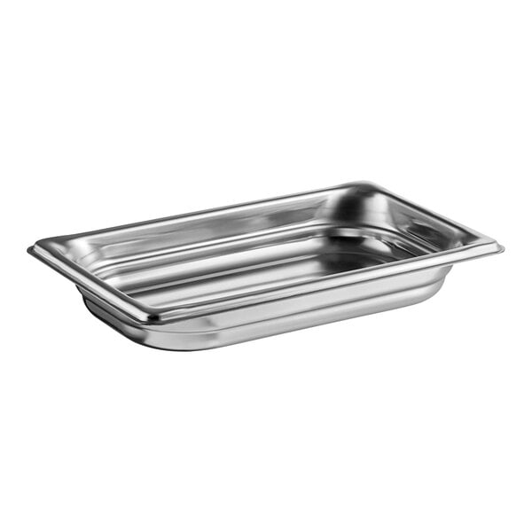 A Vollrath stainless steel steam table pan with a rectangular edge.