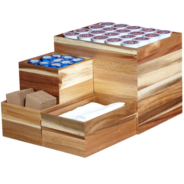 A GET Enterprises Urban Rustic wooden display box on a counter with containers inside.