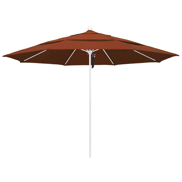 A brown umbrella with a white pole.