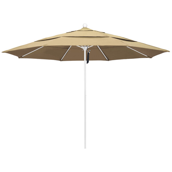 A close-up of a beige California Umbrella with a white pole.