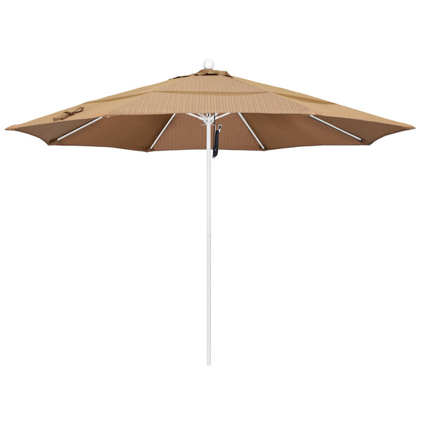 A brown umbrella with a white pole on a white background.