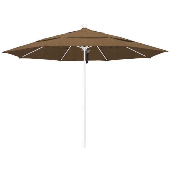 A brown umbrella on a white pole.
