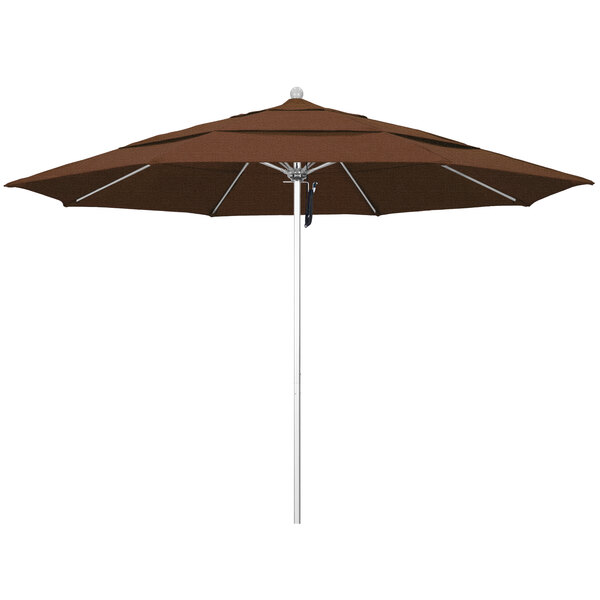 A close-up of a brown California Umbrella with a silver pole.